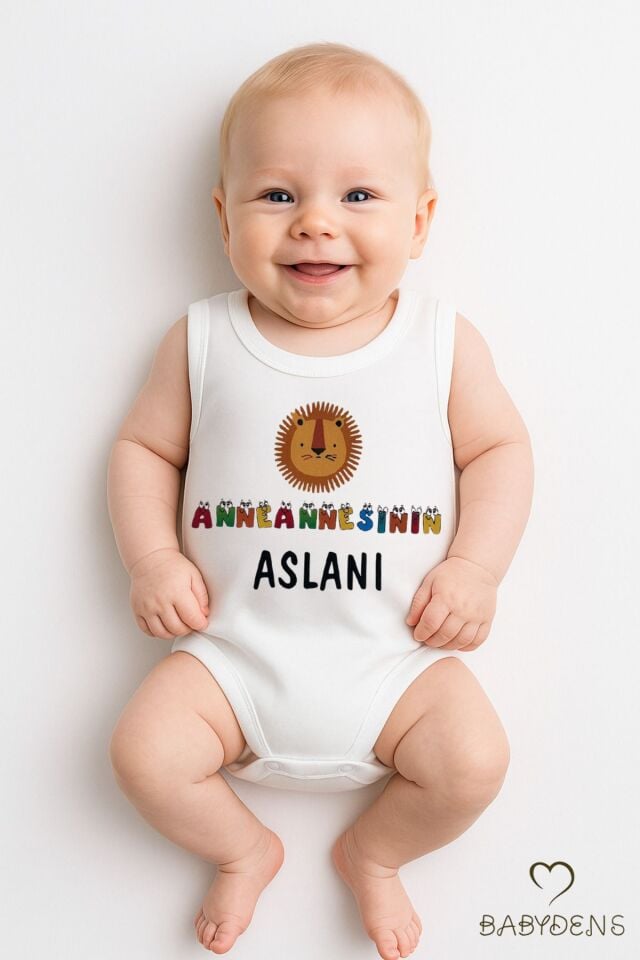 Anneannesinin Aslanı Yazılı Kolsuz Çıtçıtlı Body %100 Pamuk Yazlık Bebek Body Hediyelik Bebek Zıbını
