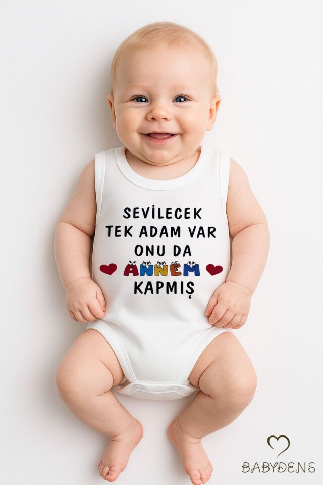 Sevilecek Tek Adamı Annem Kapmış Yazılı Kolsuz %100 Pamuk Body Eğlenceli Çıtçıtlı Yazlık Bebek Zıbın