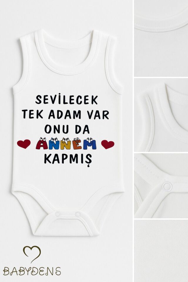 Sevilecek Tek Adamı Annem Kapmış Yazılı Kolsuz %100 Pamuk Body Eğlenceli Çıtçıtlı Yazlık Bebek Zıbın