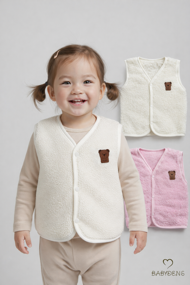 2’li Welsoft Yelek Seti Kız Bebek Çocuk Ayıcık Armalı Peluş Yumuşak Kışlık Yelek, Çıtçıtlı, Günlük Ekru-Pembe