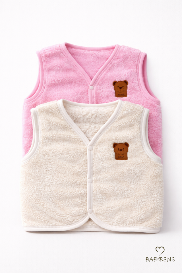 2’li Welsoft Yelek Seti Kız Bebek Çocuk Ayıcık Armalı Peluş Yumuşak Kışlık Yelek, Çıtçıtlı, Günlük Ekru-Pembe