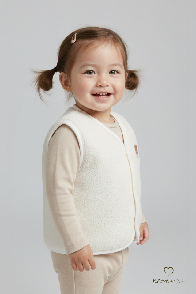 2’li Welsoft Yelek Seti Kız Bebek Çocuk Ayıcık Armalı Peluş Yumuşak Kışlık Yelek, Çıtçıtlı, Günlük Ekru-Pembe