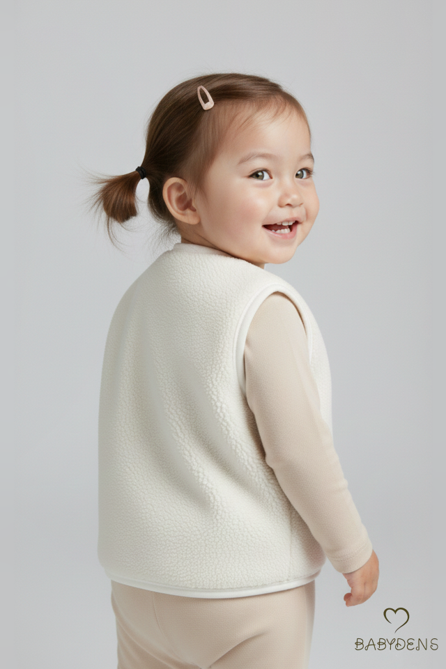 2’li Welsoft Yelek Seti Kız Bebek Çocuk Ayıcık Armalı Peluş Yumuşak Kışlık Yelek, Çıtçıtlı, Günlük Ekru-Pembe