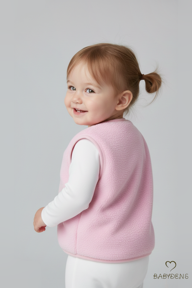 2’li Welsoft Yelek Seti Kız Bebek Çocuk Ayıcık Armalı Peluş Yumuşak Kışlık Yelek, Çıtçıtlı, Günlük Ekru-Pembe