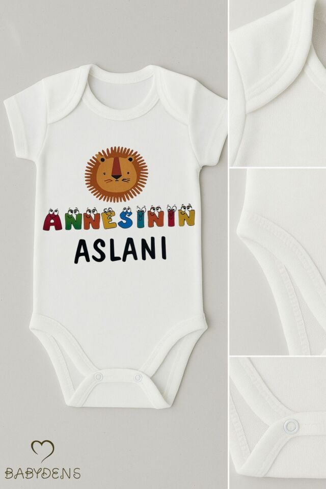 Annesinin Aslanı Yazılı Çıtçıtlı Bebek Body Tulum | %100 Pamuk Kısa Kollu Zıbın | Erkek Bebek Body