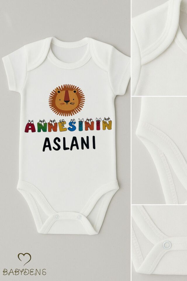 Annesinin Aslanı Yazılı Çıtçıtlı Bebek Body Tulum | %100 Pamuk Kısa Kollu Zıbın | Erkek Bebek Body