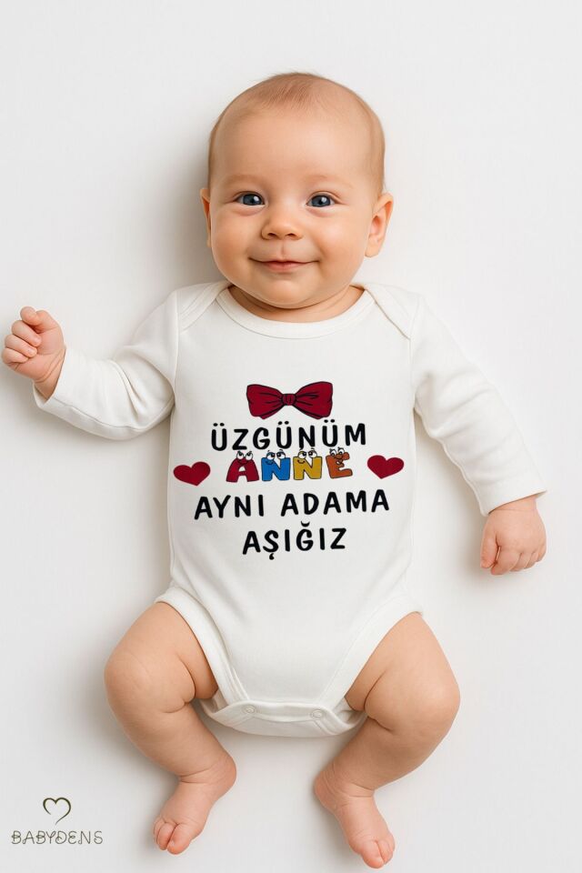 Üzgünüm Anne Aynı Adama Aşığız Yazılı Uzun Kollu Çıtçıtlı Bebek Body Zıbın %100 Pamuk Unisex Body