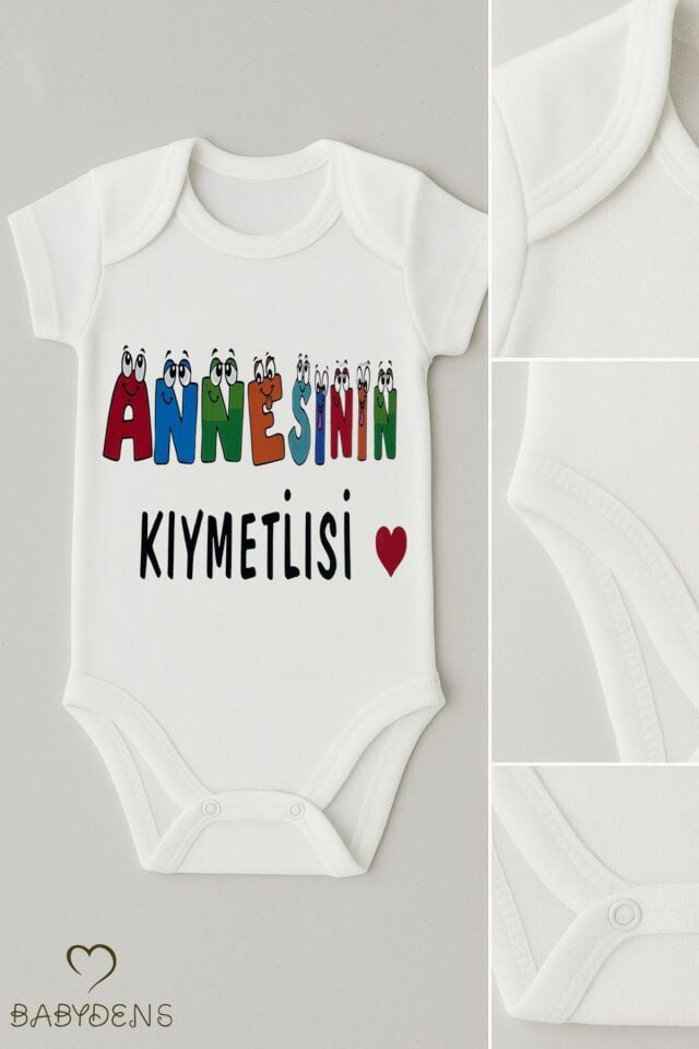 Annesinin Kıymetlisi Yazılı Çıtçıtlı Bebek Body Tulum | %100 Pamuk Kısa Kollu Zıbın | 0-3 Ay - 24 Ay