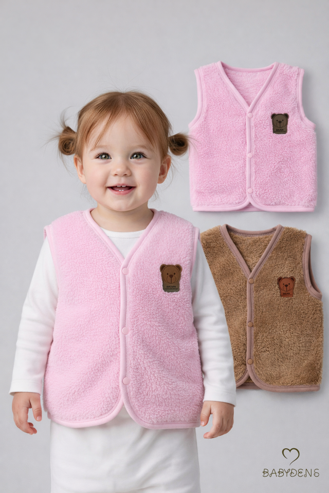 2’li Welsoft Yelek Seti Kız Bebek Çocuk Ayıcık Armalı Peluş Yumuşak Kışlık Yelek, Çıtçıtlı, Günlük Pembe-Kahverengi