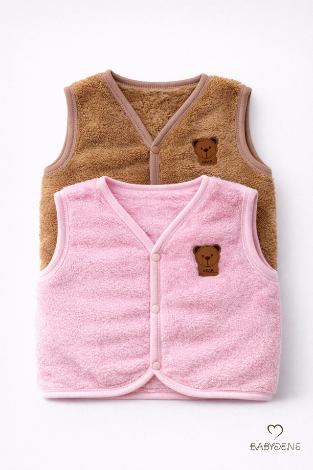2’li Welsoft Yelek Seti Kız Bebek Çocuk Ayıcık Armalı Peluş Yumuşak Kışlık Yelek, Çıtçıtlı, Günlük Pembe-Kahverengi