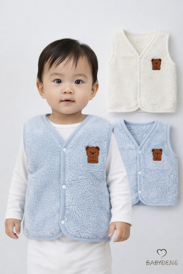 2’li Welsoft Yelek Seti Erkek Bebek & Çocuk Peluş Yumuşak Kışlık Bebek Yeleği, Çıtçıtlı, Günlük Mavi-Ekru