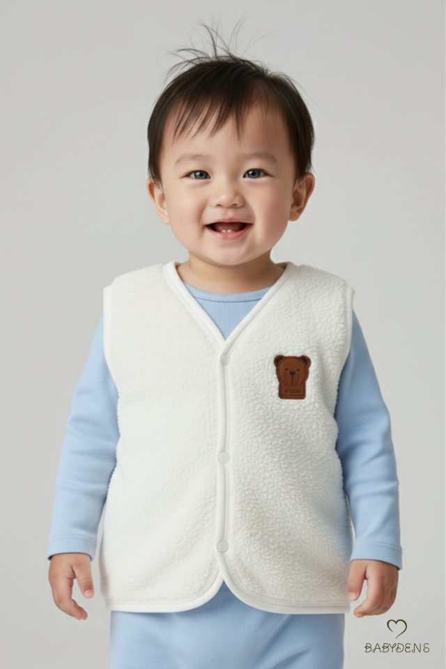 2’li Welsoft Yelek Seti Erkek Bebek & Çocuk Peluş Yumuşak Kışlık Bebek Yeleği, Çıtçıtlı, Günlük Mavi-Ekru