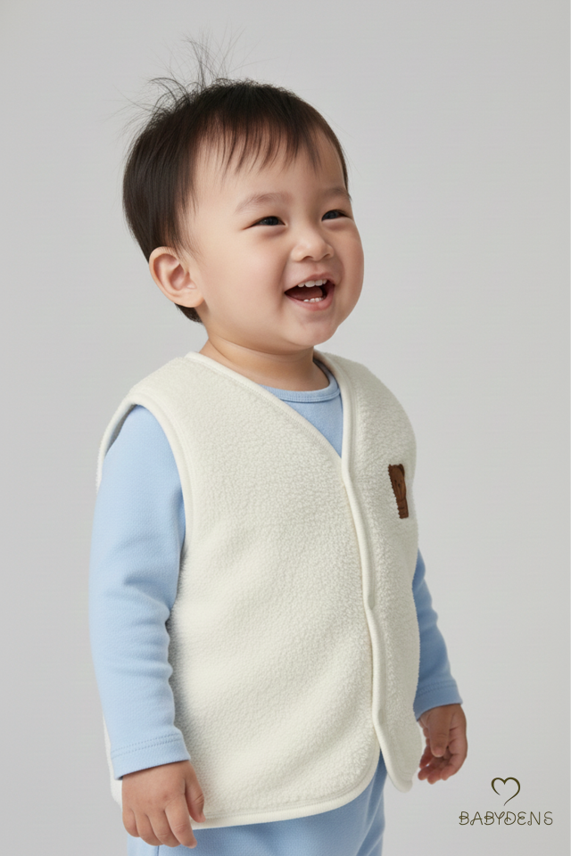 2’li Welsoft Yelek Seti Erkek Bebek & Çocuk Peluş Yumuşak Kışlık Bebek Yeleği, Çıtçıtlı, Günlük Mavi-Ekru