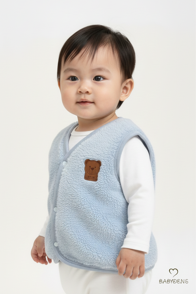 2’li Welsoft Yelek Seti Erkek Bebek & Çocuk Peluş Yumuşak Kışlık Bebek Yeleği, Çıtçıtlı, Günlük Mavi-Ekru