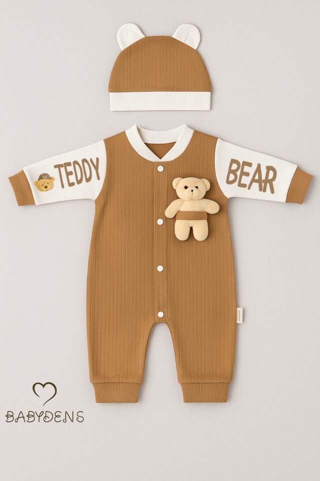 Teddy Bear Desenli Erkek Bebek Tulum Takımı %100 Pamuklu Çıtçıtlı Fitilli Ribana Tulum & Bere Takımı - Kahverengi