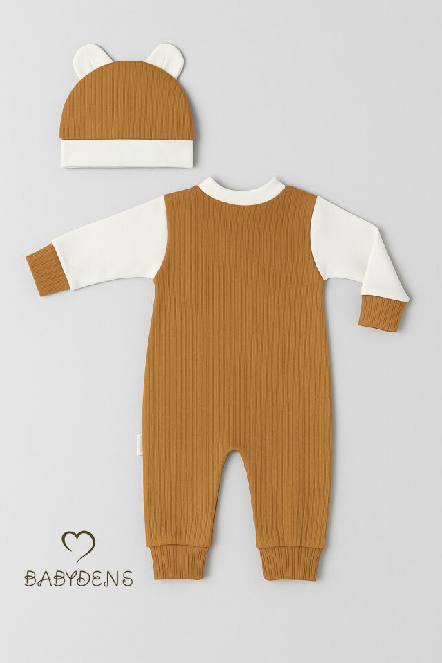 Teddy Bear Desenli Erkek Bebek Tulum Takımı %100 Pamuklu Çıtçıtlı Fitilli Ribana Tulum & Bere Takımı - Kahverengi