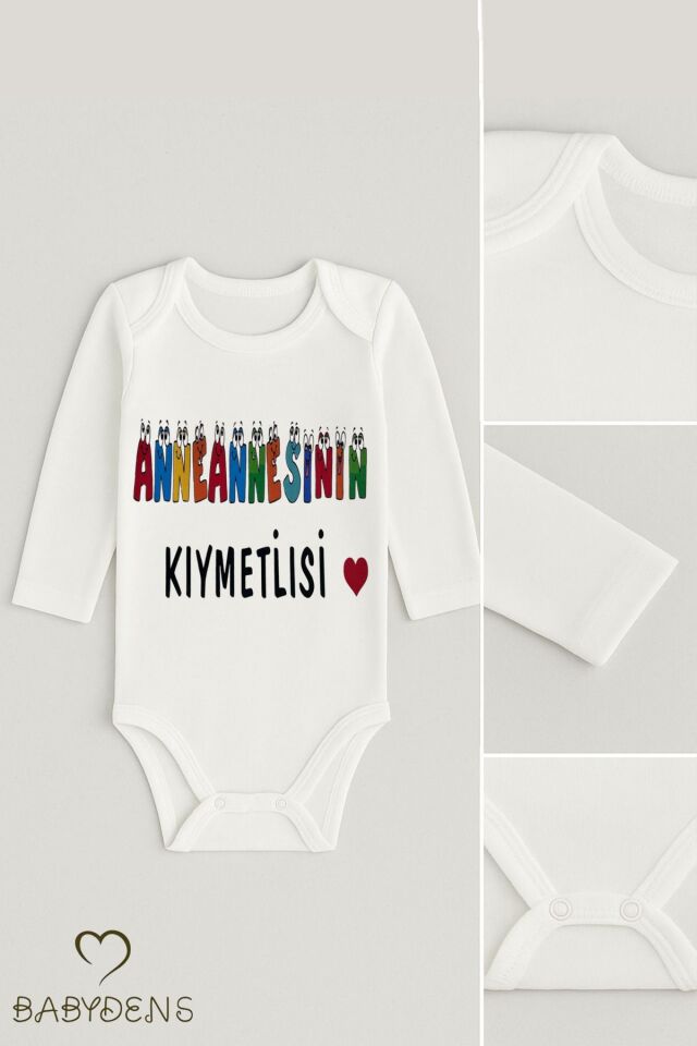“Anneannesinin Kıymetlisi” Yazılı Uzun Kollu Bebek Body %100 Pamuk Çıtçıtlı Zıbın 0-24 Ay Hediyelik 9 - 12 Ay