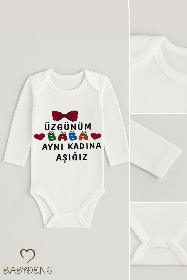 “Üzgünüm Baba Aynı Kadına Aşığız” Baskılı %100 Pamuk Body Uzun Kollu Bebek Zıbını 0-24 Ay Body