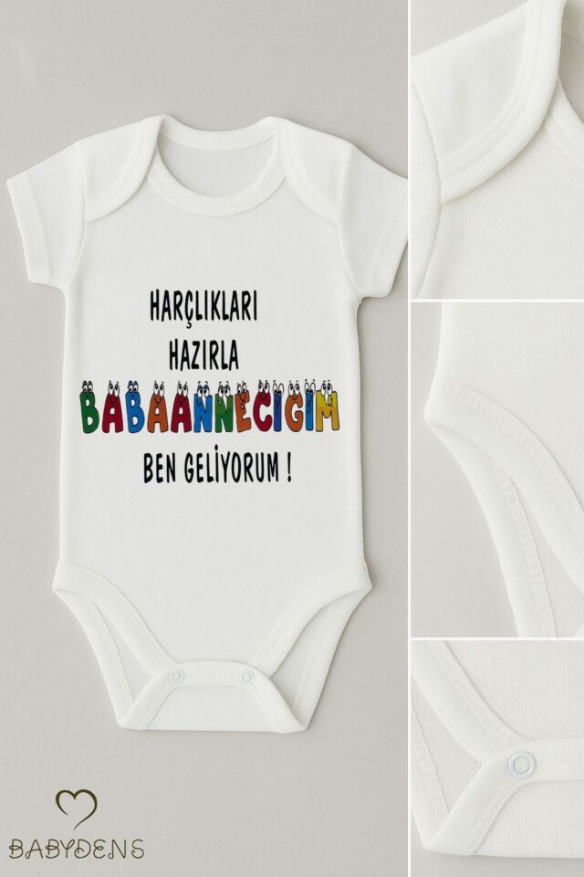 Harçlıkları Hazırla Babaanneciğim Yazılı Çıtçıtlı Bebek Body Tulum | %100 Pamuk Kısa Kollu Zıbın