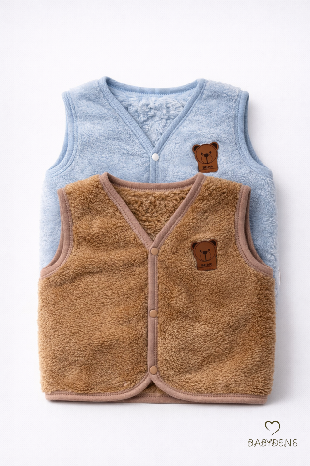 2’li Welsoft Yelek Seti Erkek Bebek & Çocuk Peluş Yumuşak Kışlık Bebek Yeleği, Çıtçıtlı, Günlük Kahverengi-Mavi