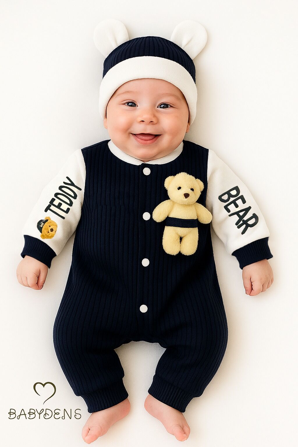 Teddy Bear Desenli Erkek Bebek Tulum Takımı %100 Pamuklu Çıtçıtlı Fitilli Ribana Tulum & Bere Takımı - Lacivert