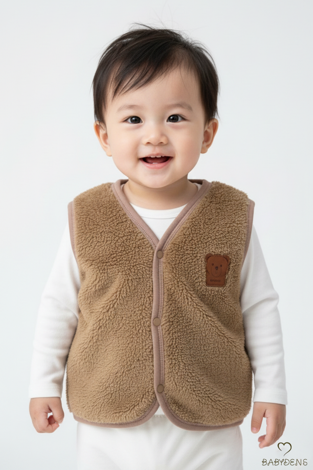 2’li Welsoft Yelek Seti Erkek Bebek & Çocuk Peluş Yumuşak Kışlık Bebek Yeleği, Çıtçıtlı, Günlük Kahverengi-Mavi