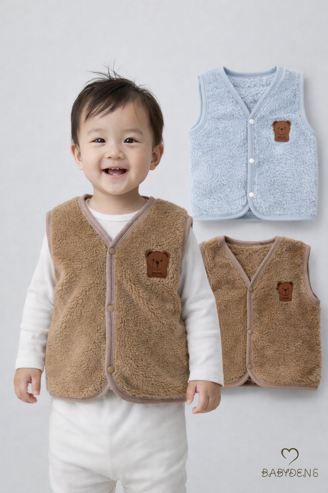 2’li Welsoft Yelek Seti Erkek Bebek & Çocuk Peluş Yumuşak Kışlık Bebek Yeleği, Çıtçıtlı, Günlük Kahverengi-Mavi