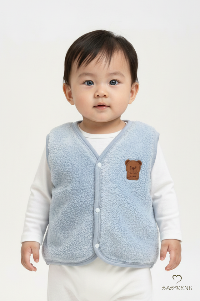 2’li Welsoft Yelek Seti Erkek Bebek & Çocuk Peluş Yumuşak Kışlık Bebek Yeleği, Çıtçıtlı, Günlük Kahverengi-Mavi