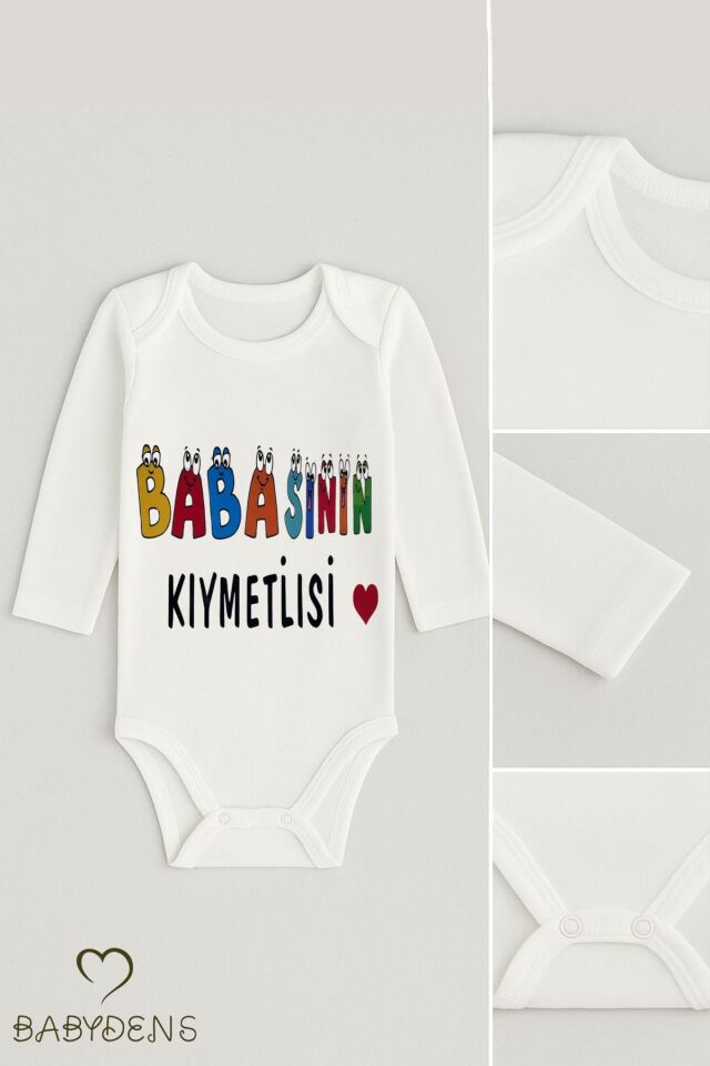 “Babasının Kıymetlisi” Yazılı %100 Pamuk Body Uzun Kollu Bebek Zıbını 0-24 Ay Renkli Baskılı Body