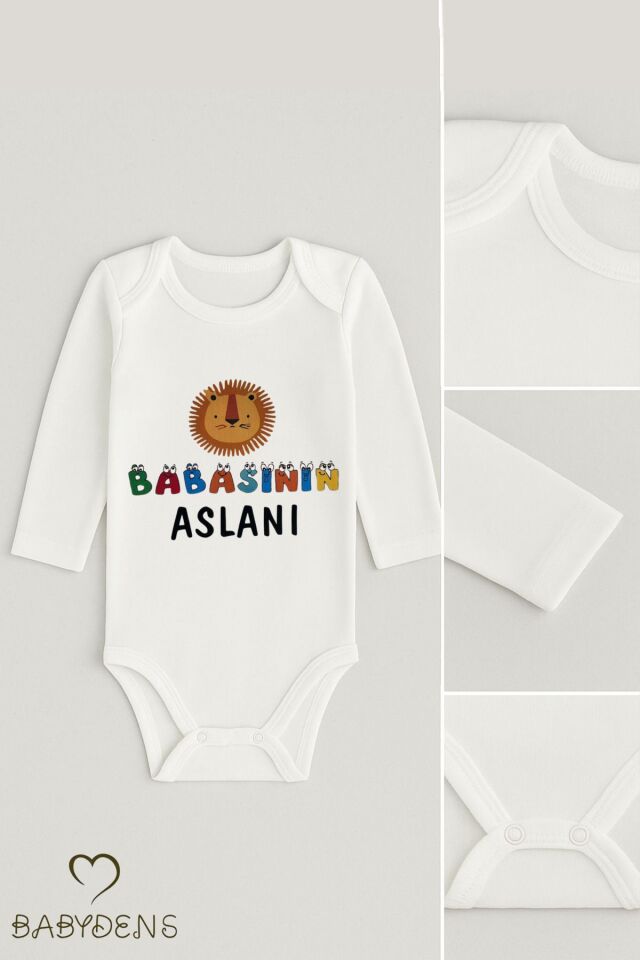 “Babasının Aslanı” Yazılı Uzun Kollu Bebek Body %100 Pamuk Bebek Zıbın Aslan Figürlü Body 0-24 Ay