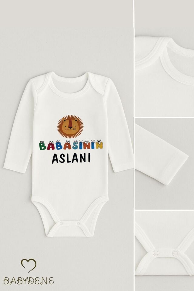 “Babasının Aslanı” Yazılı Uzun Kollu Bebek Body %100 Pamuk Bebek Zıbın Aslan Figürlü Body 0-24 Ay
