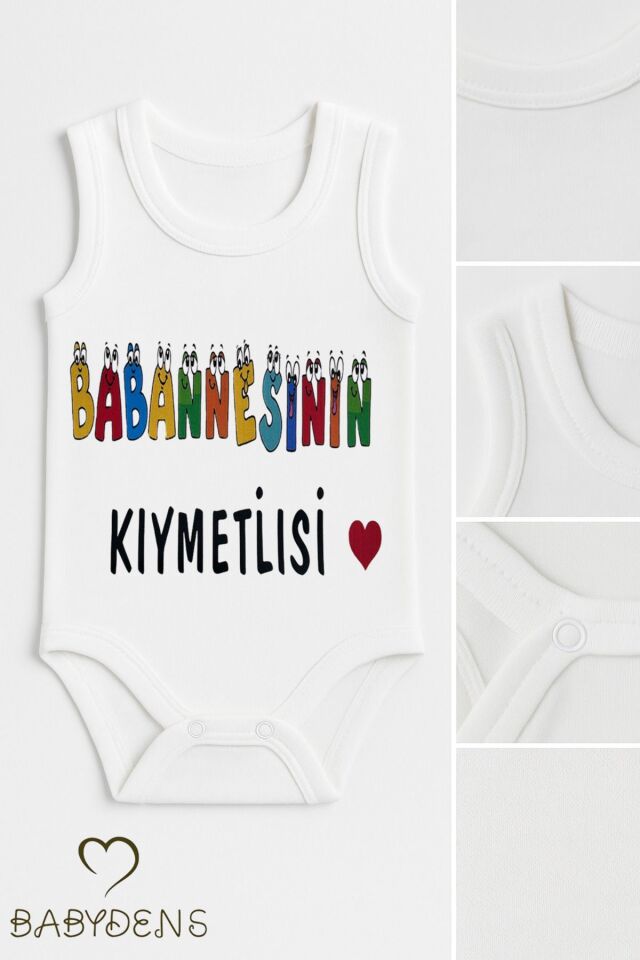Babaannesinin Kıymetlisi Yazılı Kolsuz Bebek Body %100 Pamuk Yazlık Çıtçıtlı Zıbın Tulum