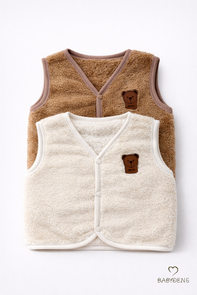 2’li Welsoft Yelek Seti Erkek Bebek & Çocuk Peluş Yumuşak Kışlık Bebek Yeleği, Çıtçıtlı, Günlük Ekru-Kahverengi