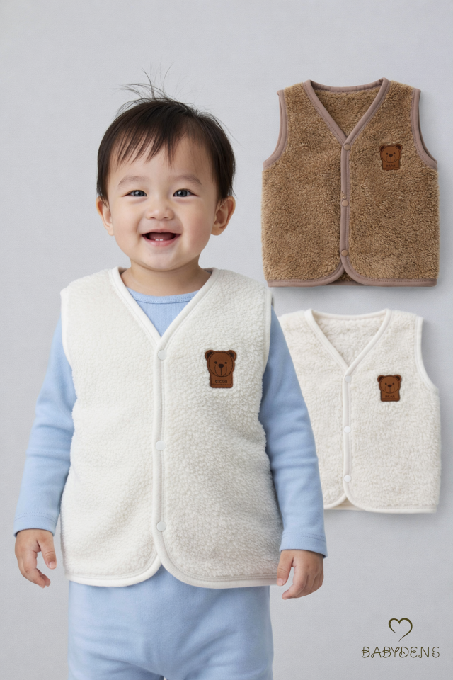2’li Welsoft Yelek Seti Erkek Bebek & Çocuk Peluş Yumuşak Kışlık Bebek Yeleği, Çıtçıtlı, Günlük Ekru-Kahverengi