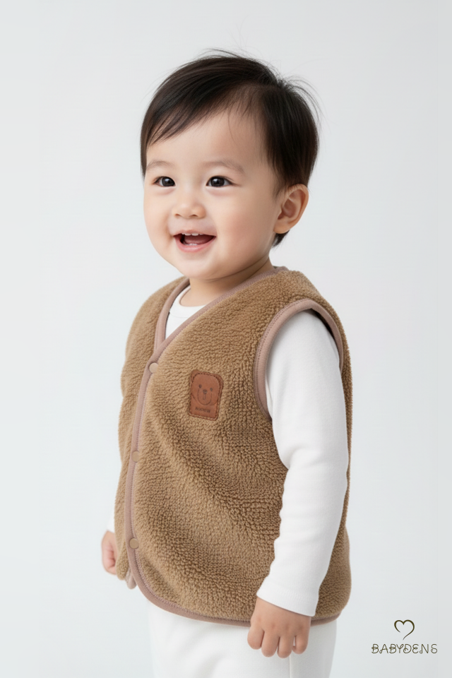 2’li Welsoft Yelek Seti Erkek Bebek & Çocuk Peluş Yumuşak Kışlık Bebek Yeleği, Çıtçıtlı, Günlük Ekru-Kahverengi