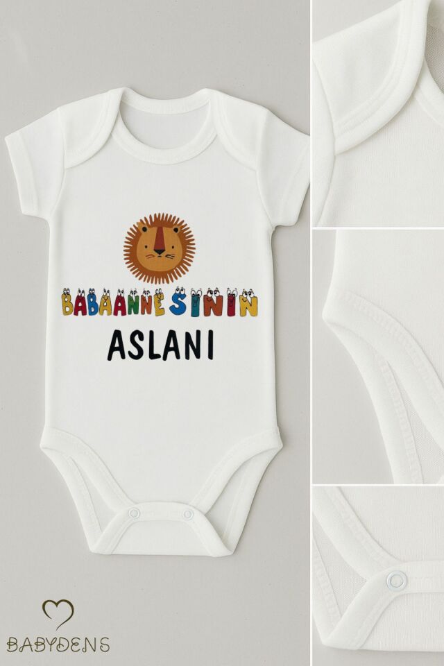 Babaannesinin Aslanı Yazılı Çıtçıtlı Bebek Body Tulum | %100 Pamuk Kısa Kollu Erkek Bebek Zıbın