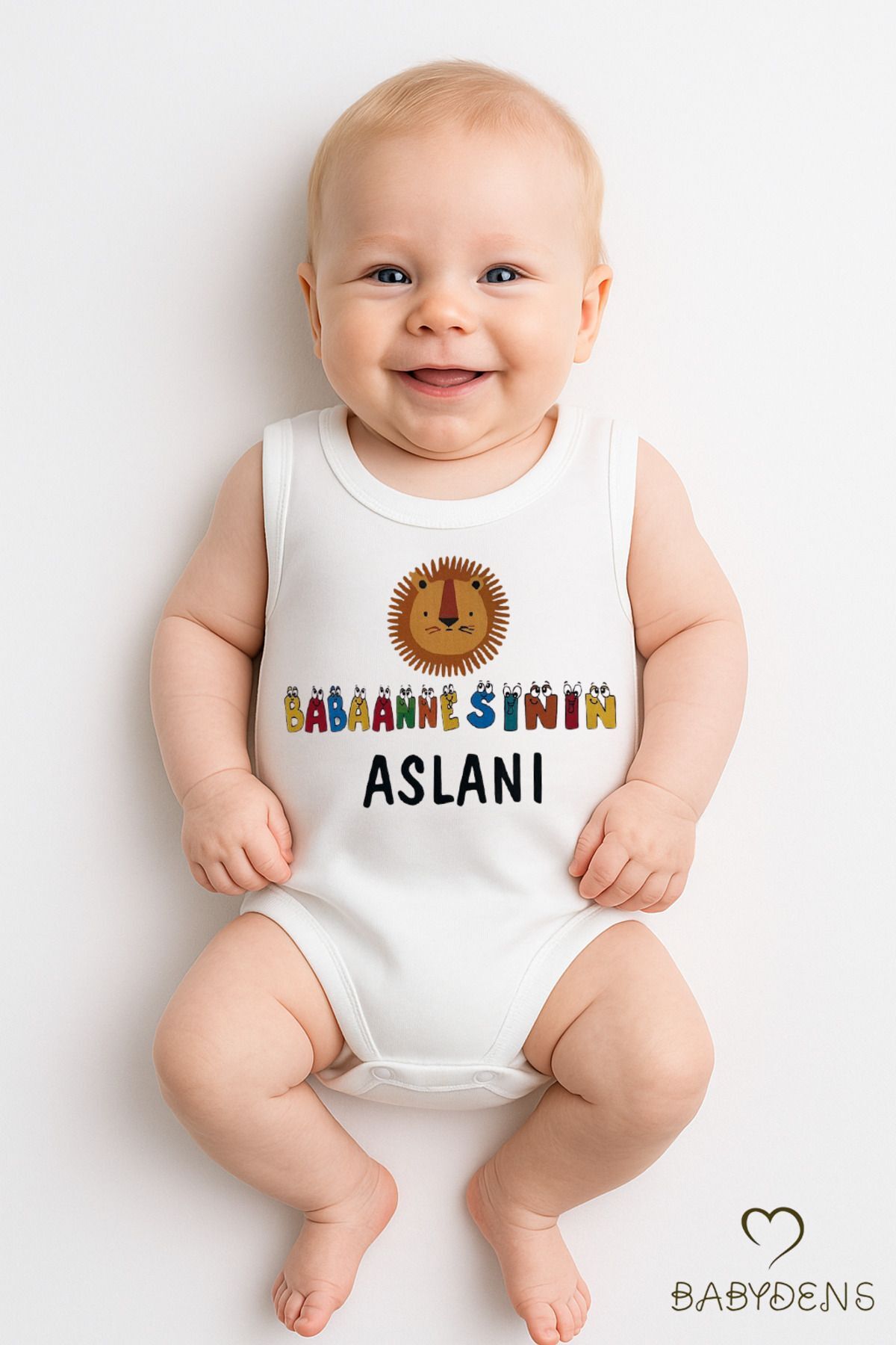 “Babaannesinin Aslanı” Yazılı Kolsuz Bebek Body %100 Pamuk Yazlık Çıtçıtlı Zıbın Tulum