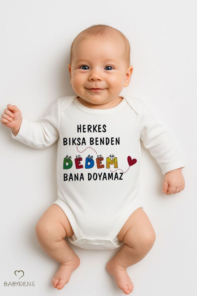 “Herkes Bıksa Benden, Dedem Bana Doyamaz” Uzun Kollu Bebek Zıbını %100 Pamuklu Çıtçıtlı Body 0-24 Ay