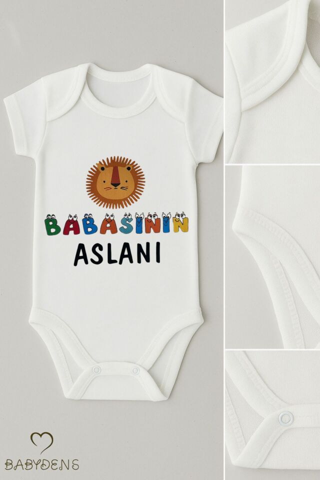 Babasının Aslanı Yazılı Çıtçıtlı Bebek Body Tulum Sevimli Aslan Baskılı Kısa Kollu %100 Pamuk Zıbın