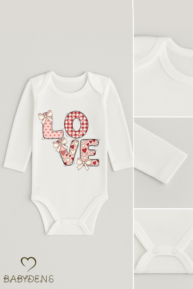 Love Temalı 3’lü Bebek Body Seti %100 Pamuk Uzun Kollu Çıtçıtlı Bebek Zıbını 0-24 Ay
