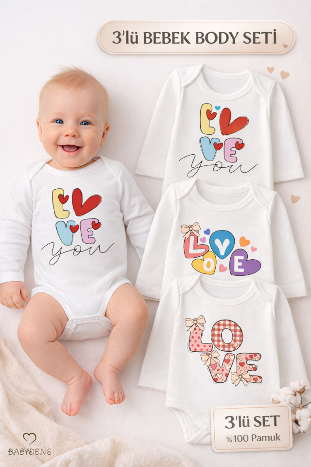 Love Temalı 3’lü Bebek Body Seti %100 Pamuk Uzun Kollu Çıtçıtlı Bebek Zıbını 0-24 Ay