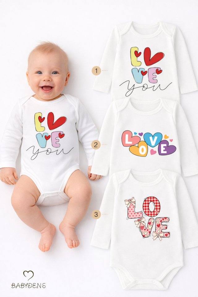 Love Temalı 3’lü Bebek Body Seti %100 Pamuk Uzun Kollu Çıtçıtlı Bebek Zıbını 0-24 Ay