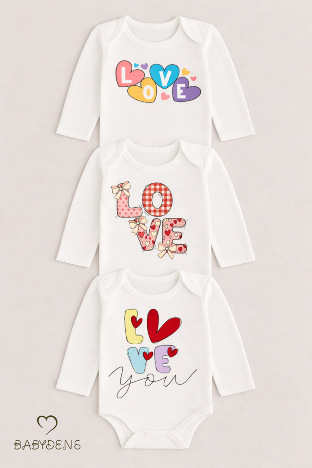 Love Temalı 3’lü Bebek Body Seti %100 Pamuk Uzun Kollu Çıtçıtlı Bebek Zıbını 0-24 Ay