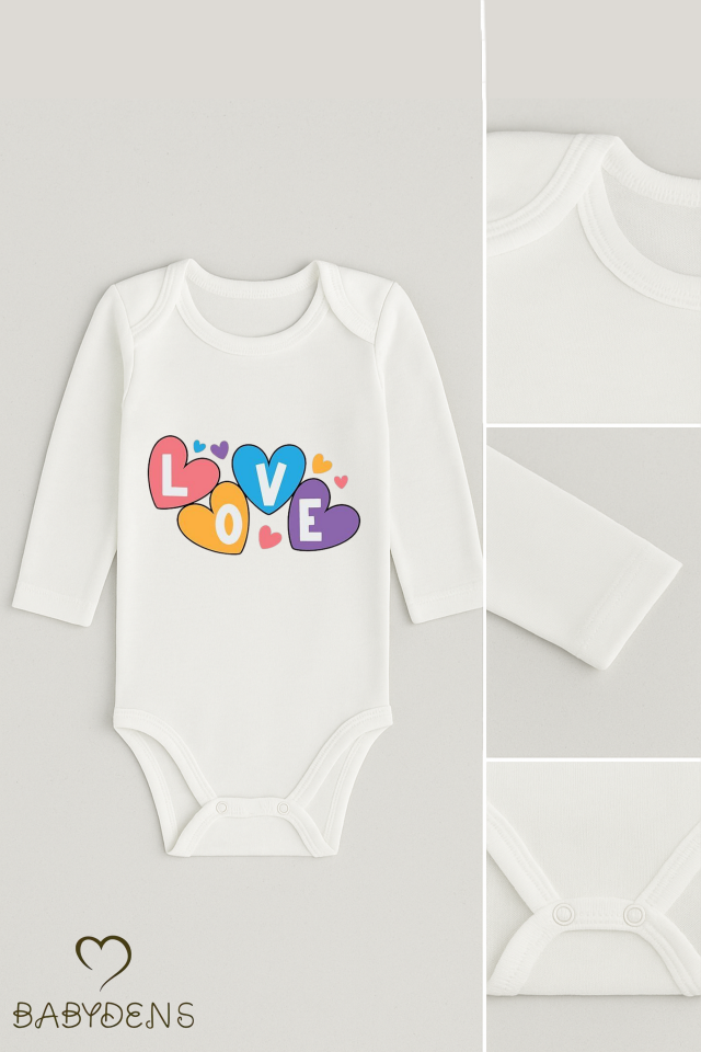 Love Temalı 3’lü Bebek Body Seti %100 Pamuk Uzun Kollu Çıtçıtlı Bebek Zıbını 0-24 Ay
