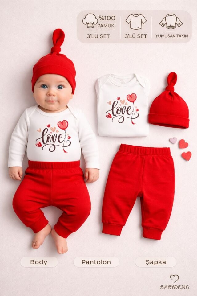 Love Baskılı Kırmızı 3’lü Bebek Takımı Sevgililer Günü Özel Yenidoğan Body Pantolon Şapka Seti %100 Pamuklu