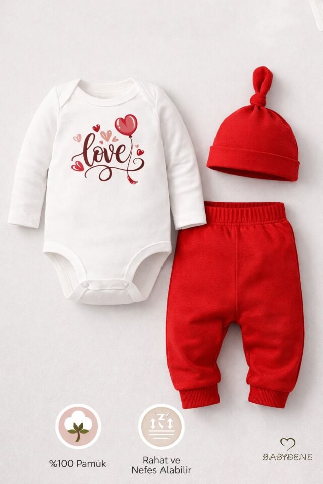 Love Baskılı Kırmızı 3’lü Bebek Takımı Sevgililer Günü Özel Yenidoğan Body Pantolon Şapka Seti %100 Pamuklu