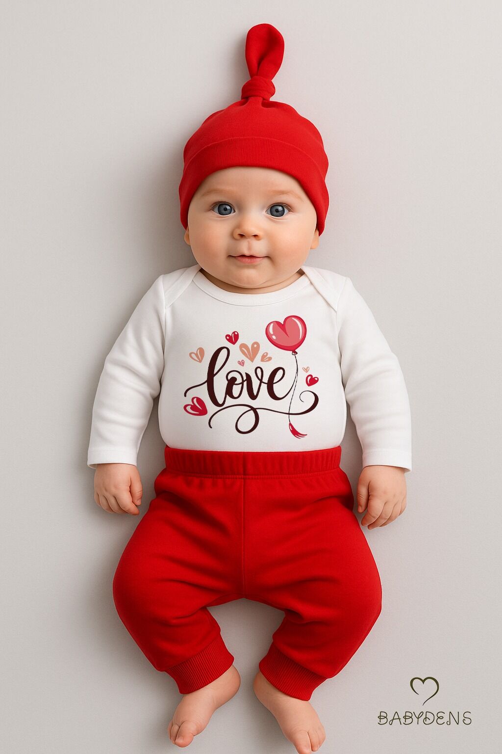 Love Baskılı Kırmızı 3’lü Bebek Takımı Sevgililer Günü Özel Yenidoğan Body Pantolon Şapka Seti %100 Pamuklu
