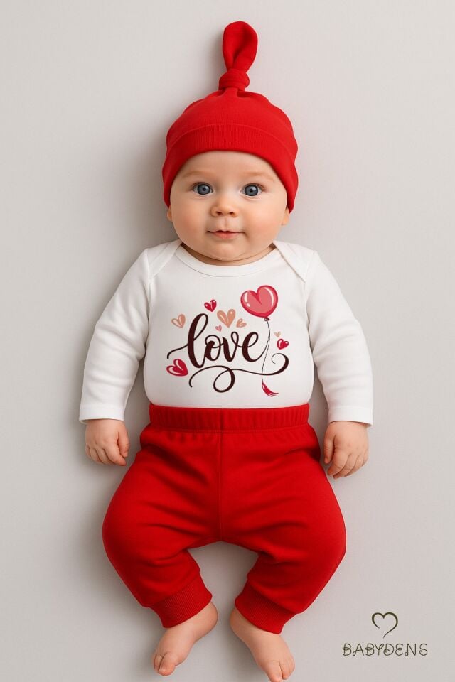 Love Baskılı Kırmızı 3’lü Bebek Takımı Sevgililer Günü Özel Yenidoğan Body Pantolon Şapka Seti %100 Pamuklu