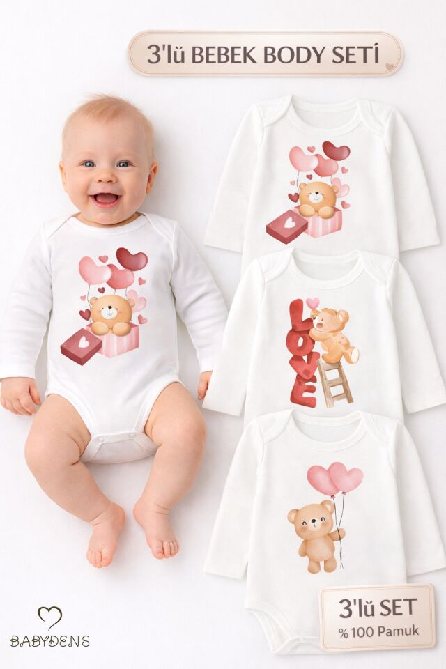 3’lü Bebek Body Seti %100 Pamuk Uzun Kollu Sevgili Temalı Ayıcık Baskılı Yenidoğan,Bebek Body Zıbın
