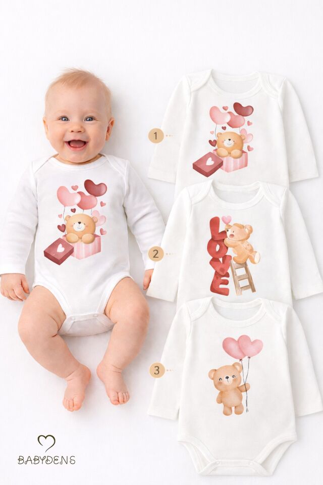 3’lü Bebek Body Seti %100 Pamuk Uzun Kollu Sevgili Temalı Ayıcık Baskılı Yenidoğan,Bebek Body Zıbın